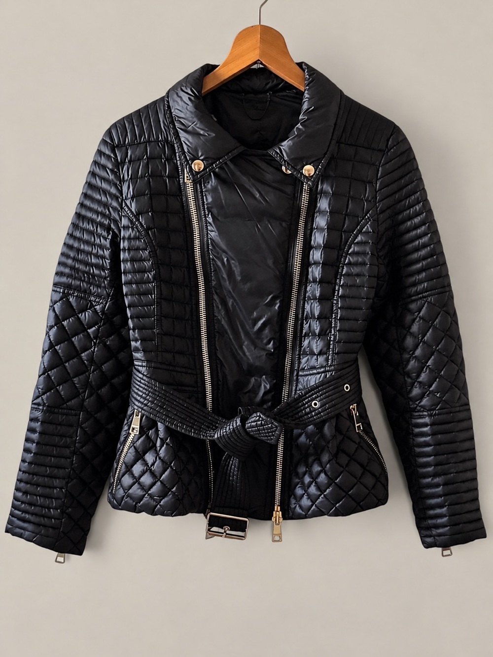 Burberry Brit Black Quilted Down Moto Jacket Belted XS-S